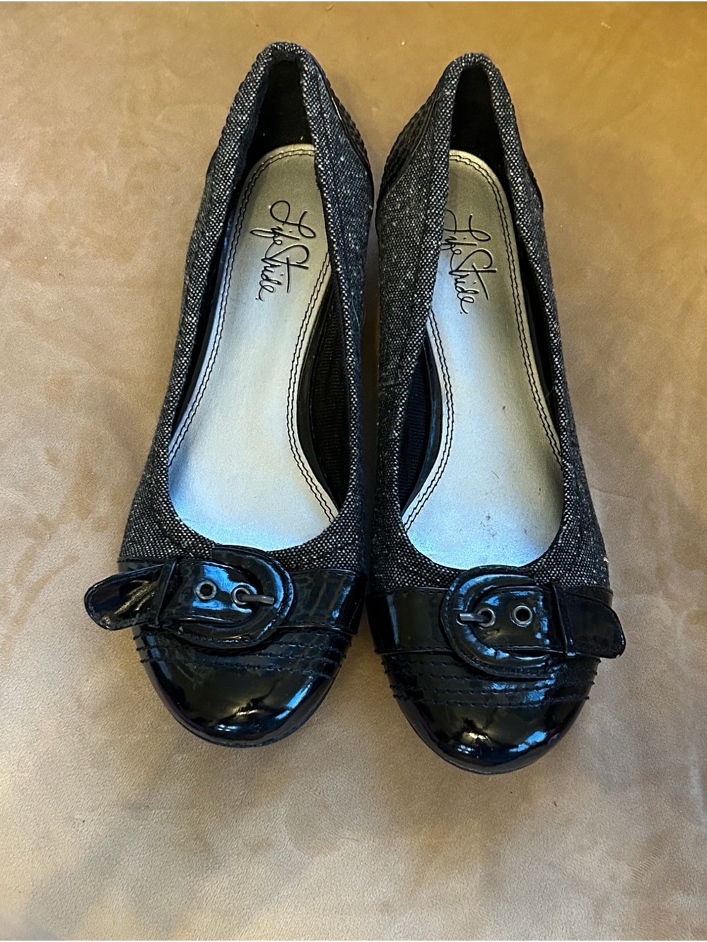 Life Stride Tweed Fabric & Patent Trim Buckle Flats